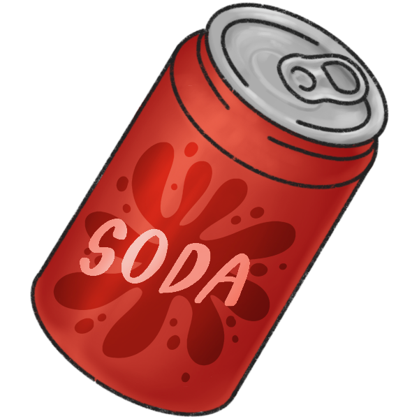 a red soda can with a splash design that reads 'soda' on the front.